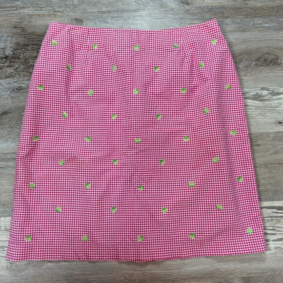 Talbots Pink Gingham Cotton Pencil Skirt with Lime Embroidery Vintage Y2K - Picture 1 of 7
